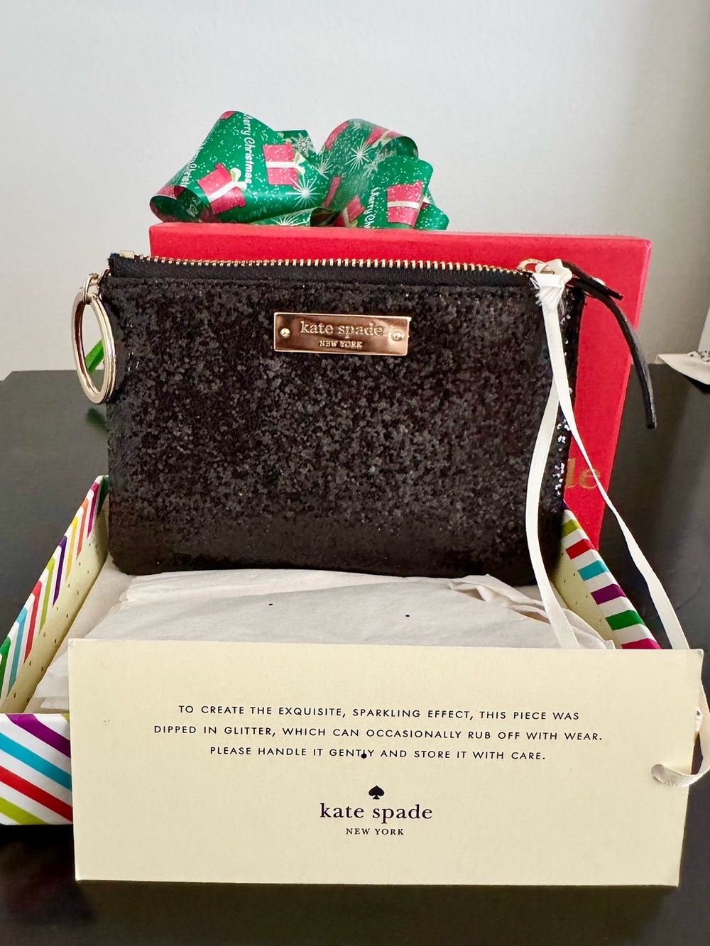 NWT Boxed Kate Spade Black Glitter Small Zip Pouch Coin Purse Wallet Gift Ready